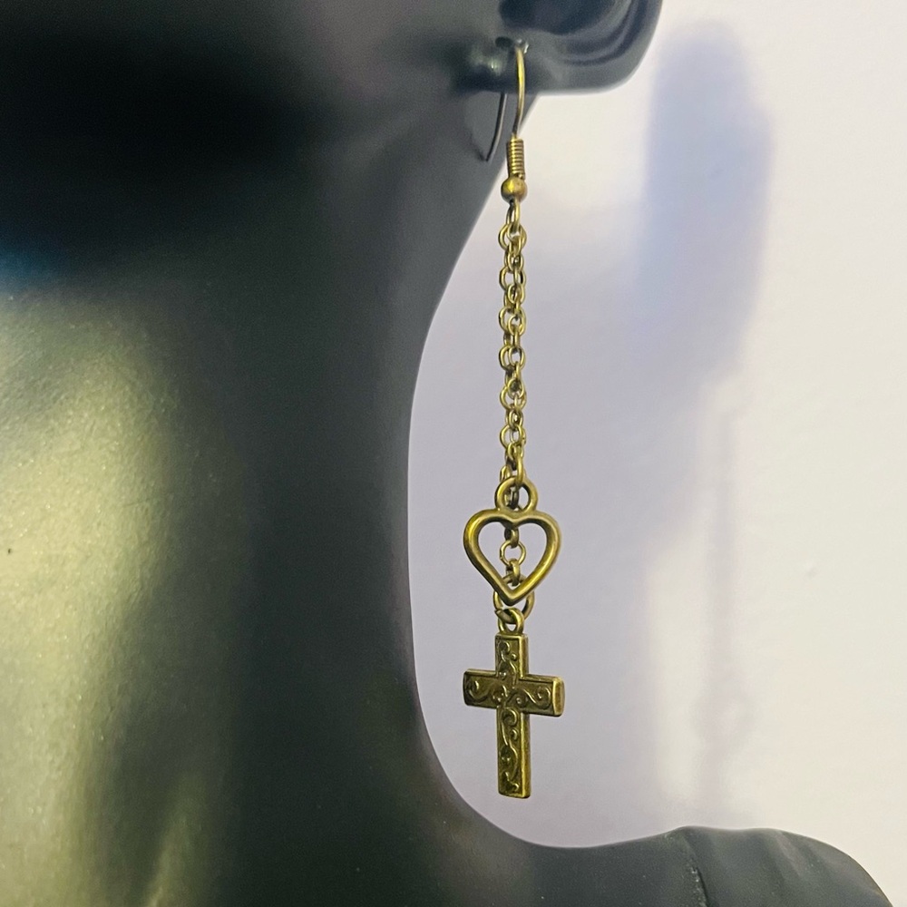 Antique Bronze Heart Cross Drop Earrings - Picture 2 of 2
